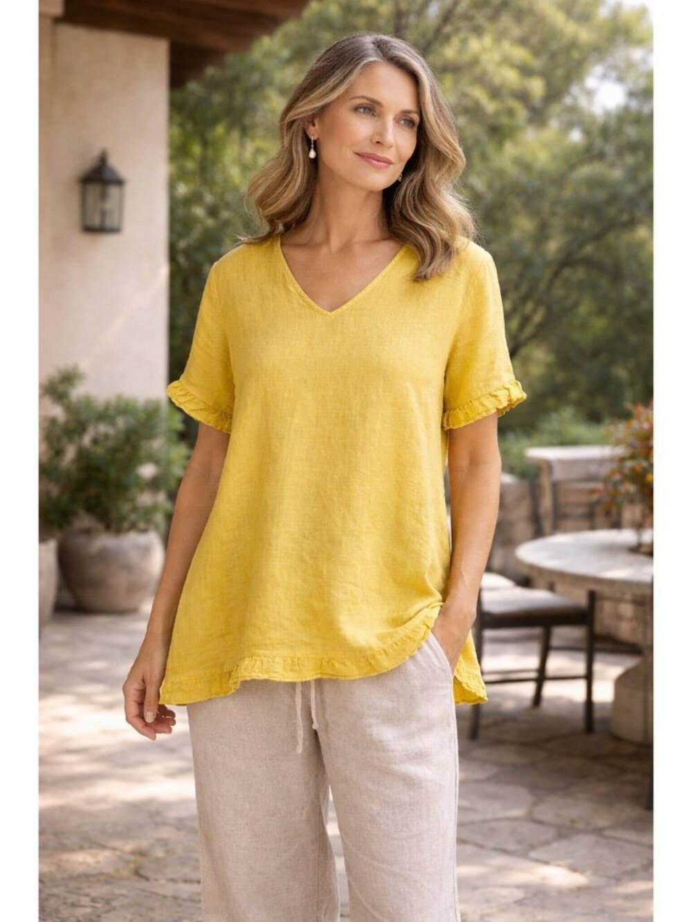 Match Point USA Yellow 100% Linen Ruffle Tunic Top Blouse SZ XL Coastal Grandma